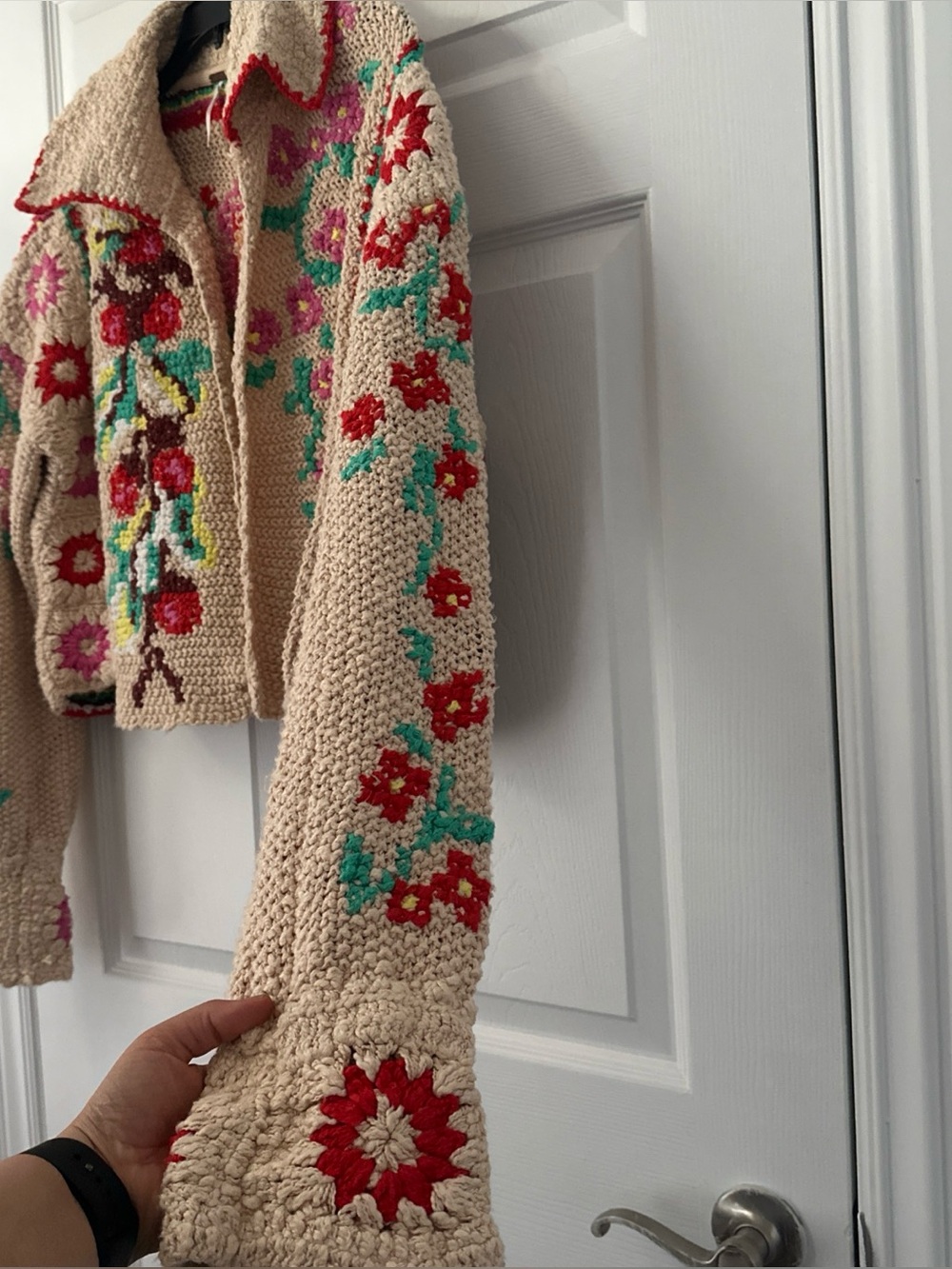Free People Cream Crochet Floral Cardigan with Red, Pink & Teal Accents - Picture 6 of 11